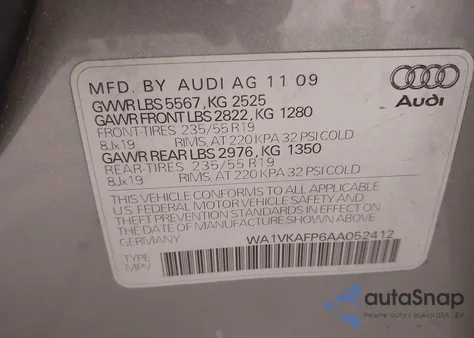 2010 Audi Q5 3.2 Premium from USA, damaged, VIN WA1VKAFP6AA052412